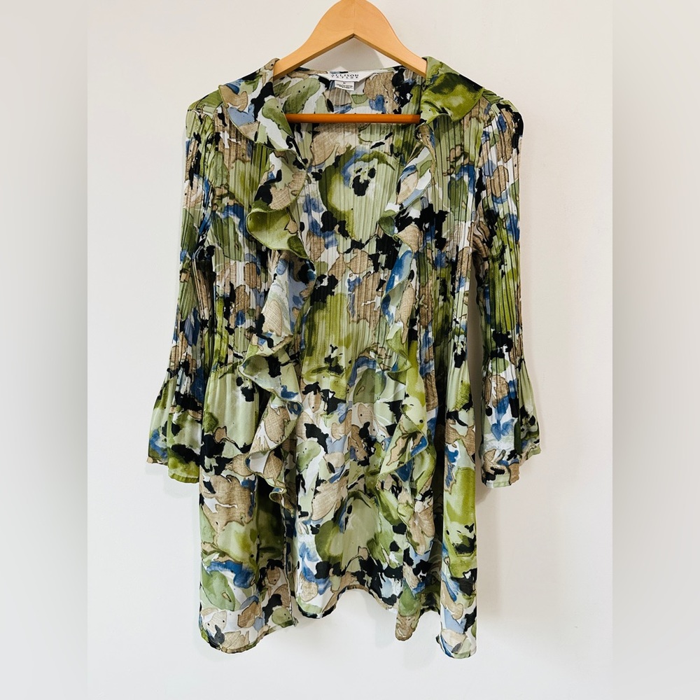 Vintage Boho Accordion Pleat Flounce Flare Sleeve Button Down Tunic Top Size M